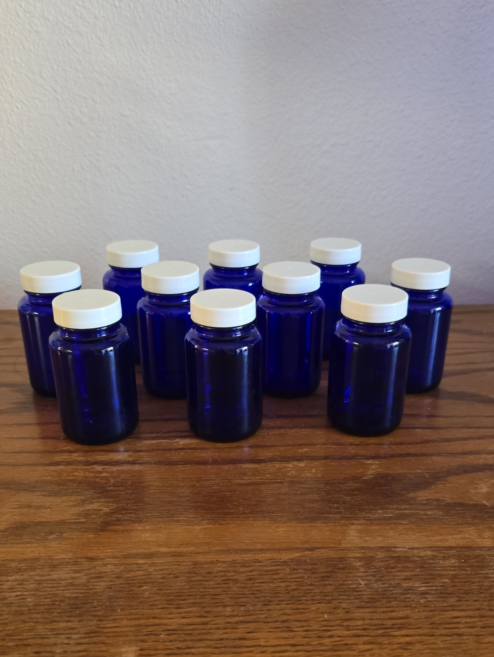 Set of 10 Cobalt Blue Glass Jars with White Lids